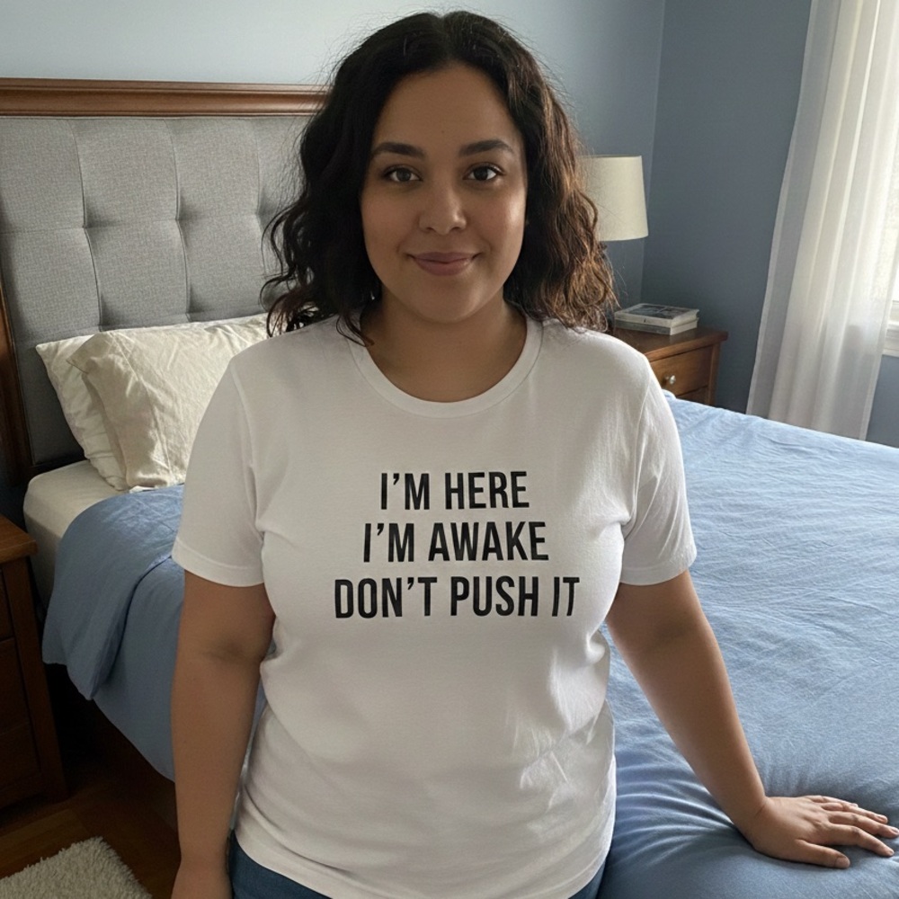 NWOT SHEIN Light Blue “I'm Here I'm Awake Don’t Push It” Short Sleeve T-Shirt